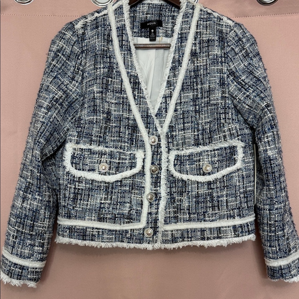 Aqua Women's Navy and White Tweed Blazer | Classic Luxe Look